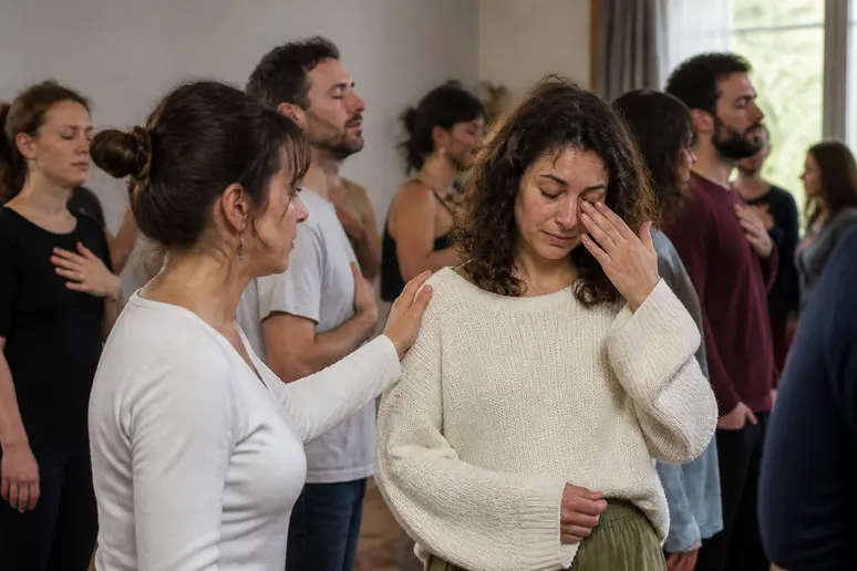 Un groupe d'adultes exprime des émotions variées lors d'une séance de Biodanza dans une salle communautaire.