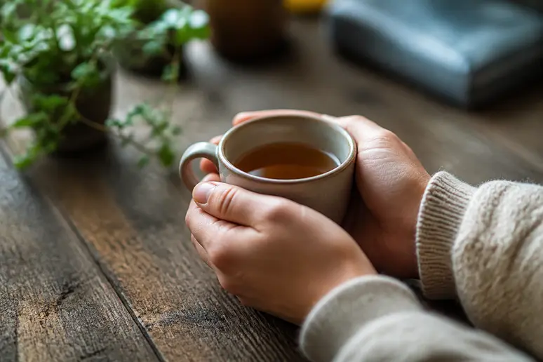 Personne tenant une tasse de thé dans un intérieur chaleureux pour apaiser les tensions liées aux phrases à éviter bipolaire