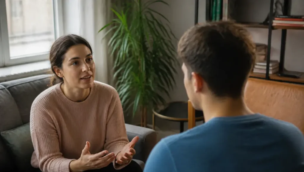 Proche bipolaire : 7 phrases à éviter en phase maniaque Deux personnes discutent calmement dans un salon lumineux, illustrant les phrases à éviter bipolaire au quotidien.