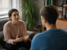 Proche bipolaire : 7 phrases à éviter en phase maniaque Deux personnes discutent calmement dans un salon lumineux, illustrant les phrases à éviter bipolaire au quotidien.