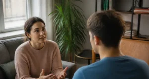 Proche bipolaire : 7 phrases à éviter en phase maniaque Deux personnes discutent calmement dans un salon lumineux, illustrant les phrases à éviter bipolaire au quotidien.