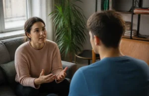 Proche bipolaire : 7 phrases à éviter en phase maniaque Deux personnes discutent calmement dans un salon lumineux, illustrant les phrases à éviter bipolaire au quotidien.