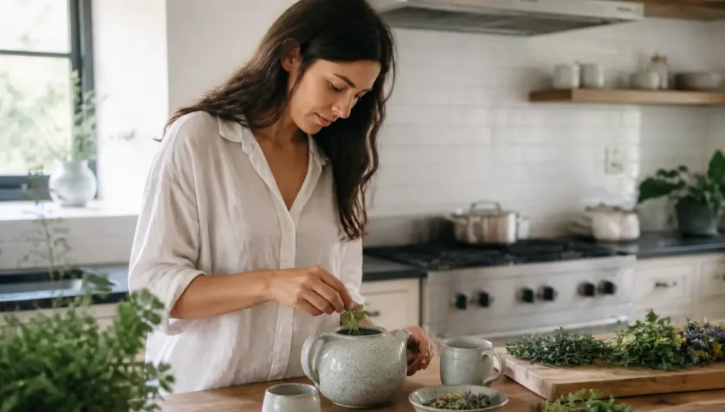 Notre avis sur ATDN Santé et ses programmes de bien-être Une personne prépare une infusion bien-être à base de plantes selon les recommandations d'atdn santé avis dans sa cuisine