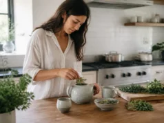 Notre avis sur ATDN Santé et ses programmes de bien-être Une personne prépare une infusion bien-être à base de plantes selon les recommandations d'atdn santé avis dans sa cuisine