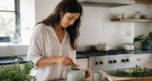 Notre avis sur ATDN Santé et ses programmes de bien-être Une personne prépare une infusion bien-être à base de plantes selon les recommandations d'atdn santé avis dans sa cuisine