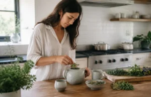Notre avis sur ATDN Santé et ses programmes de bien-être Une personne prépare une infusion bien-être à base de plantes selon les recommandations d'atdn santé avis dans sa cuisine