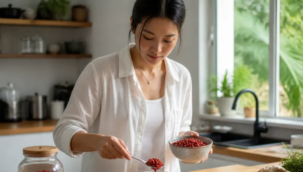 Un bol de baies de goji bienfaits risques posé sur une table de cuisine lumineuse