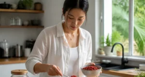 Baies de goji : vertus, posologie et risques d’interactions Un bol de baies de goji bienfaits risques posé sur une table de cuisine lumineuse