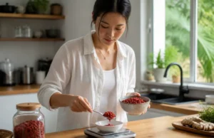 Baies de goji : vertus, posologie et risques d’interactions Un bol de baies de goji bienfaits risques posé sur une table de cuisine lumineuse