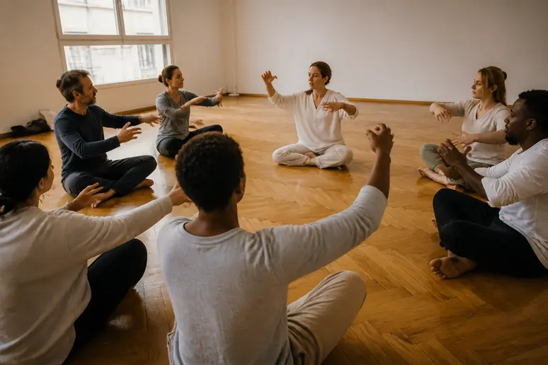 Cercle de participants en atelier de Biodanza dans un studio lumineux.