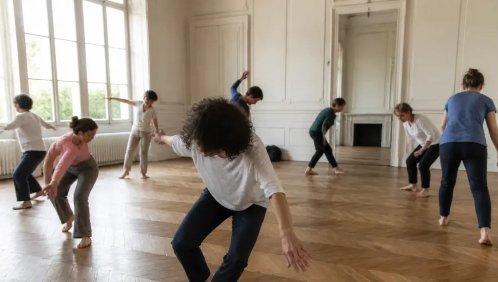 Participants habillés de manière décontractée lors d'un atelier de Biodanza dangers dans une salle lumineuse