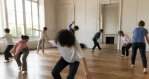 Quels sont les réels dangers psychologiques de la Biodanza ? Participants habillés de manière décontractée lors d'un atelier de Biodanza dangers dans une salle lumineuse