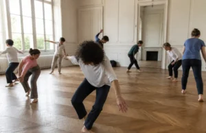 Quels sont les réels dangers psychologiques de la Biodanza ? Participants habillés de manière décontractée lors d'un atelier de Biodanza dangers dans une salle lumineuse