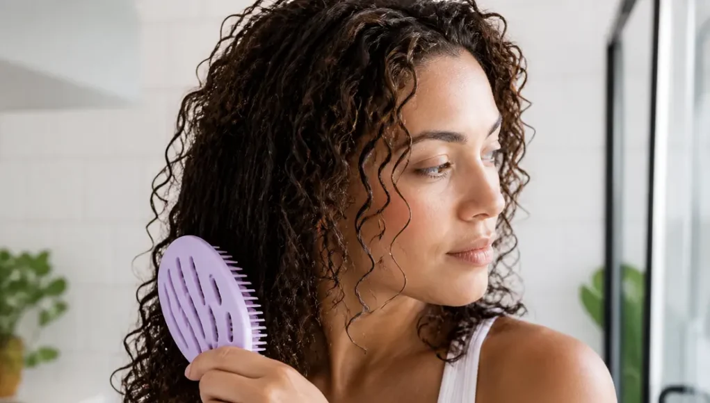 Une femme tient délicatement une brosse démêlante cheveux bouclés dans sa salle de bain lumineuse