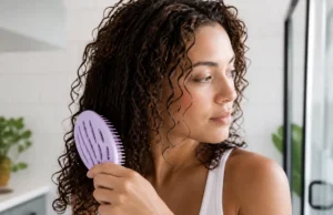 Comment choisir sa brosse démêlante pour cheveux bouclés ? Une femme tient délicatement une brosse démêlante cheveux bouclés dans sa salle de bain lumineuse