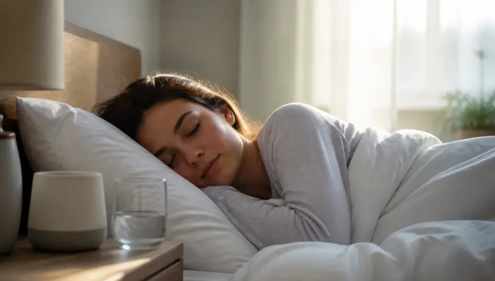 Jeune femme dormant paisiblement près d'un appareil diffusant un bruit blanc pour dormir dans sa chambre