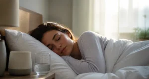 Bruit blanc pour dormir : bienfaits, acouphènes et limites Jeune femme dormant paisiblement près d'un appareil diffusant un bruit blanc pour dormir dans sa chambre
