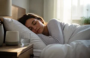 Bruit blanc pour dormir : bienfaits, acouphènes et limites Jeune femme dormant paisiblement près d'un appareil diffusant un bruit blanc pour dormir dans sa chambre