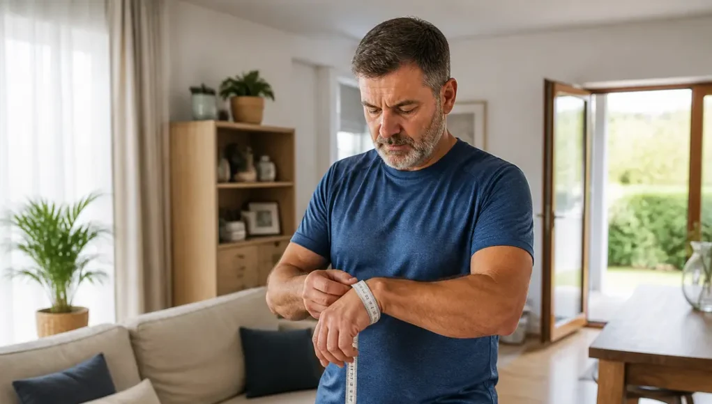 homme mesurant son poignet avec un ruban souple pour un calcul poids idéal homme