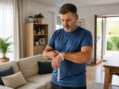 Poids idéal de l’homme : calcul Lorentz, Creff et IMC homme mesurant son poignet avec un ruban souple pour un calcul poids idéal homme