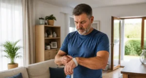 Poids idéal de l’homme : calcul Lorentz, Creff et IMC homme mesurant son poignet avec un ruban souple pour un calcul poids idéal homme
