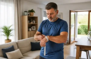 Poids idéal de l’homme : calcul Lorentz, Creff et IMC homme mesurant son poignet avec un ruban souple pour un calcul poids idéal homme