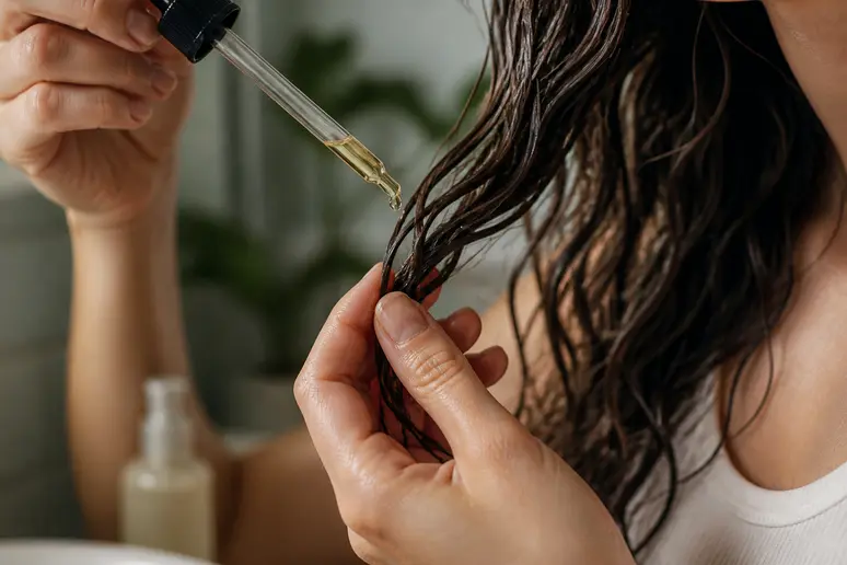 Mains appliquant un soin hydratant naturel pour dompter les cheveux mousseux et indisciplinés
