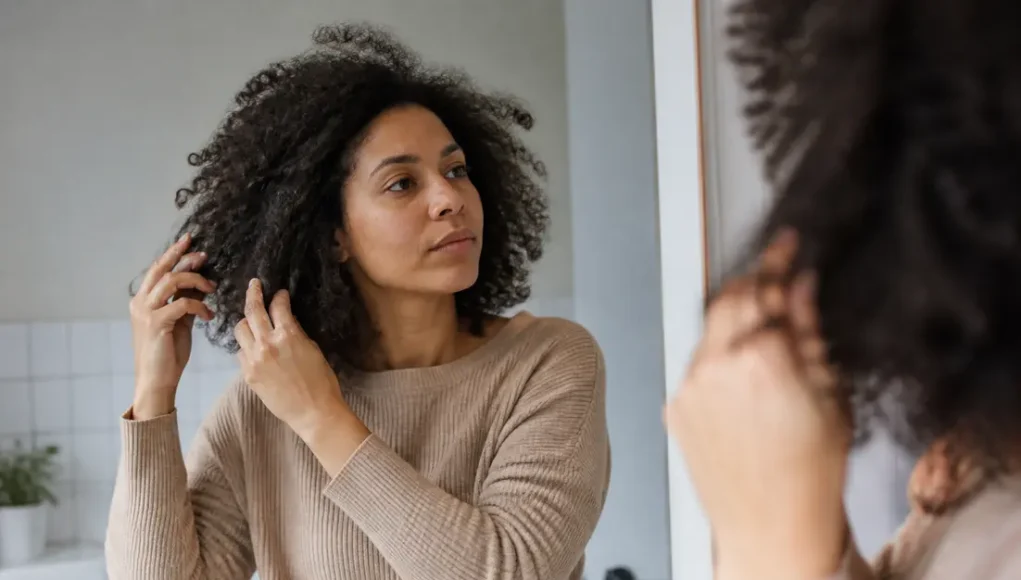 Cheveux mousseux : 5 gestes pour les dompter au naturel Conseils pratiques pour savoir comment dompter cheveux mousseux avec des soins naturels dans une salle de bain lumineuse.