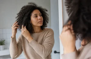 Cheveux mousseux : 5 gestes pour les dompter au naturel Conseils pratiques pour savoir comment dompter cheveux mousseux avec des soins naturels dans une salle de bain lumineuse.