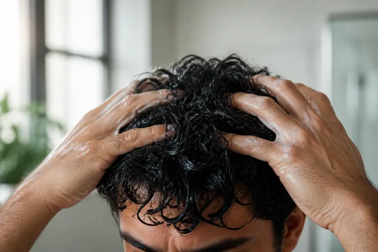 Application d'une crème pour définire les boucles dans le cadre de coupes homme bouclé tendance.