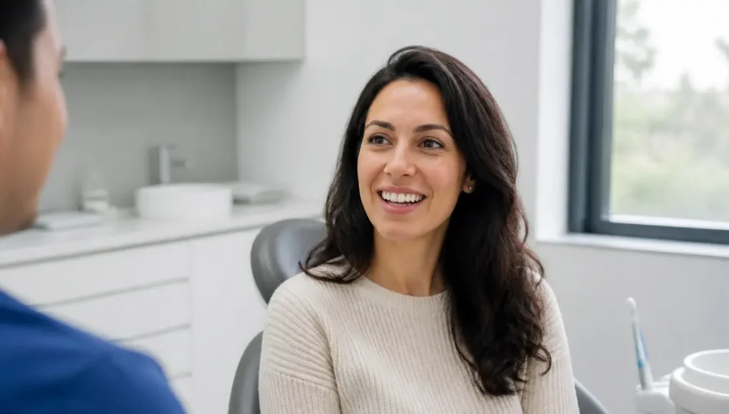 Fermer les dents du bonheur : facettes, bagues ou aligneurs Patiente consultant un praticien pour corriger dents du bonheur dans un cabinet dentaire lumineux.