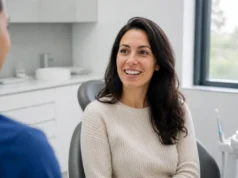 Fermer les dents du bonheur : facettes, bagues ou aligneurs Patiente consultant un praticien pour corriger dents du bonheur dans un cabinet dentaire lumineux.