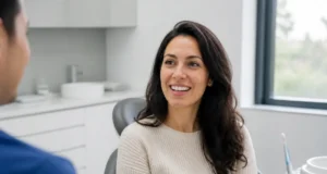 Fermer les dents du bonheur : facettes, bagues ou aligneurs Patiente consultant un praticien pour corriger dents du bonheur dans un cabinet dentaire lumineux.