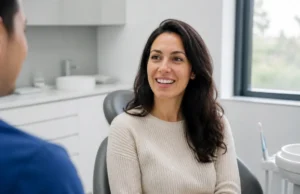 Fermer les dents du bonheur : facettes, bagues ou aligneurs Patiente consultant un praticien pour corriger dents du bonheur dans un cabinet dentaire lumineux.
