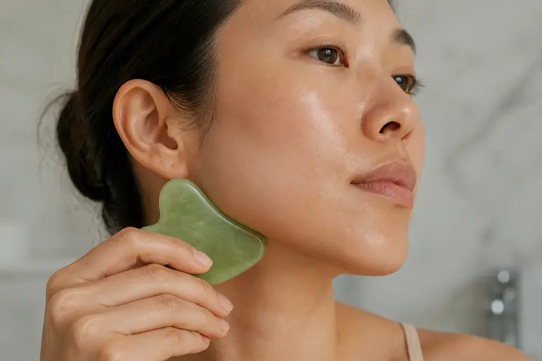 Utilisation d'un Gua Sha en jade pour modeler l'ovale du visage en douceur
