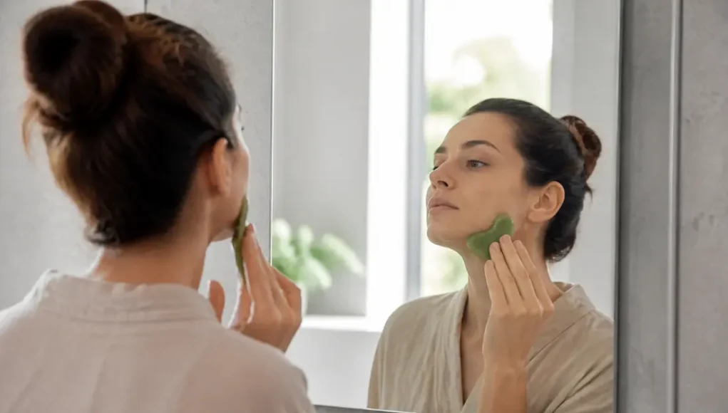 Une femme pratique un drainage lymphatique visage avec un Gua Sha en jade devant un miroir.