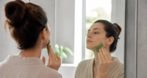 Comment faire un drainage lymphatique du visage soi-même ? Une femme pratique un drainage lymphatique visage avec un Gua Sha en jade devant un miroir.
