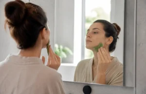 Comment faire un drainage lymphatique du visage soi-même ? Une femme pratique un drainage lymphatique visage avec un Gua Sha en jade devant un miroir.