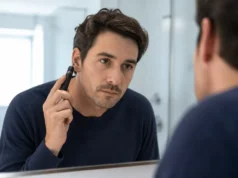 Earo Vision 2.0 : avis et test de la caméra auriculaire Earo Vision 2.0 avis présenté dans une salle de bain moderne et lumineuse