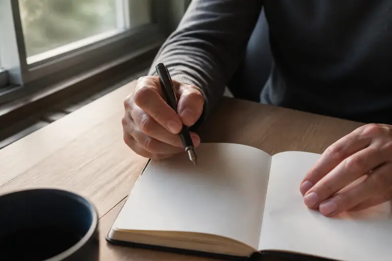 Main tenant un stylo sur un carnet ouvert pour débuter l'écriture thérapeutique