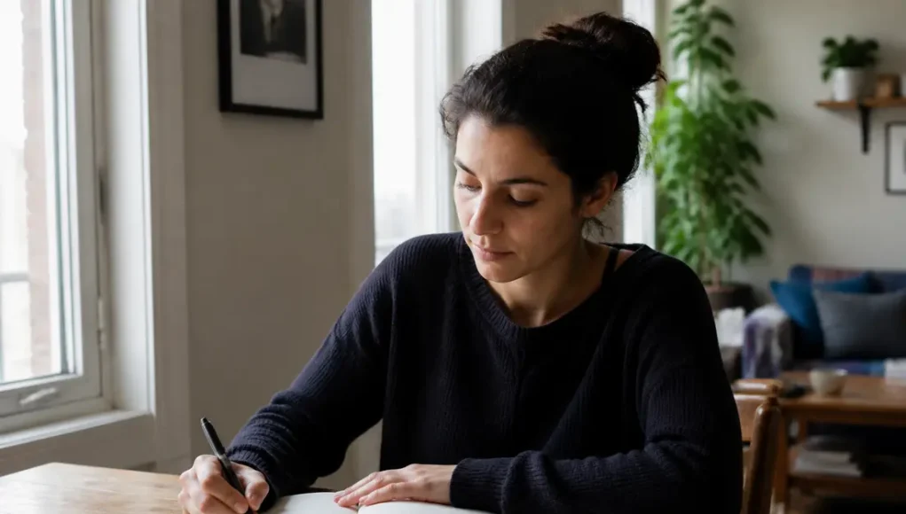 Une femme entièrement habillée écrit dans un carnet en papier près d'une fenêtre pour savoir comment guérir enfant intérieur.