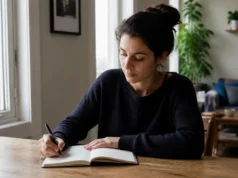 Comment guérir son enfant intérieur par le dialogue écrit ? Une femme entièrement habillée écrit dans un carnet en papier près d'une fenêtre pour savoir comment guérir enfant intérieur.