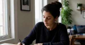 Comment guérir son enfant intérieur par le dialogue écrit ? Une femme entièrement habillée écrit dans un carnet en papier près d'une fenêtre pour savoir comment guérir enfant intérieur.
