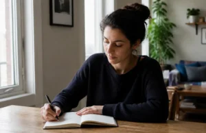 Comment guérir son enfant intérieur par le dialogue écrit ? Une femme entièrement habillée écrit dans un carnet en papier près d'une fenêtre pour savoir comment guérir enfant intérieur.