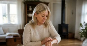 Quelle fréquence cardiaque normale par tranche d’âge ? femme mesurant son pouls à la maison pour observer la fréquence cardiaque normale en fonction de l'âge