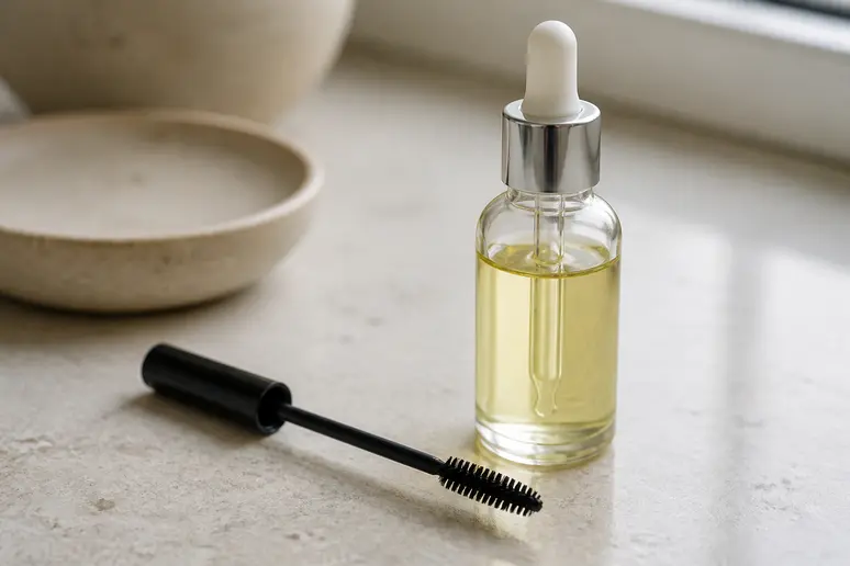 Goupillon propre prêt pour appliquer l'huile de ricin sur les cils en toute sécurité