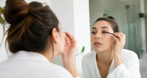 Comment appliquer l’huile de ricin sur les cils sans risque ? Femme appliquant soigneusement de l'huile de ricin cils avec un goupillon propre devant un miroir