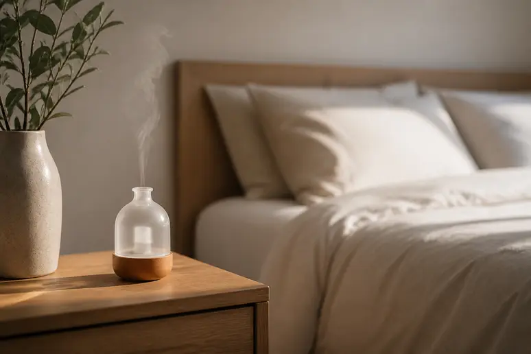 Diffuseur d'huiles essentielles posé sur une table de nuit pour l'inhalation de lavande vraie.