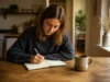 Comment pratiquer le journaling pour sa santé mentale ? Une personne écrit dans un carnet près d'une fenêtre pour sa pratique du journaling santé mentale au quotidien.