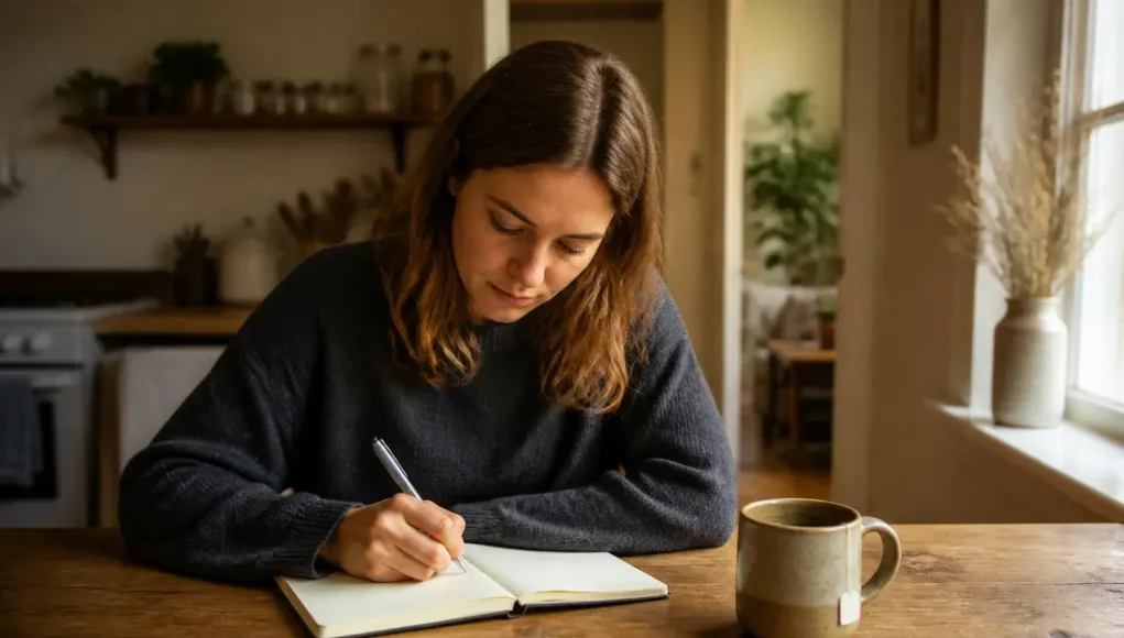 Une personne écrit dans un carnet près d'une fenêtre pour sa pratique du journaling santé mentale au quotidien.